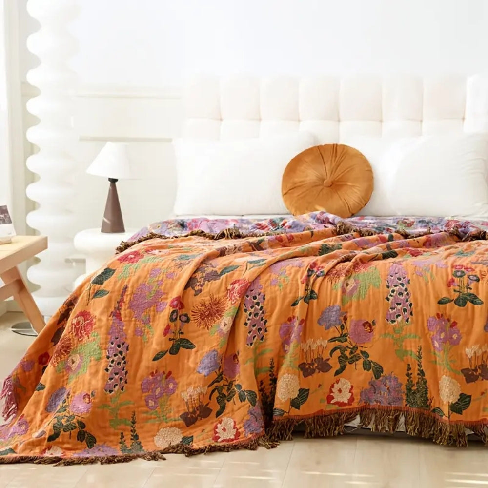 Floral Cotton Tassel Blanket - Reversible, Lightweight, Soft Jacquard Design for Bed or Sofa