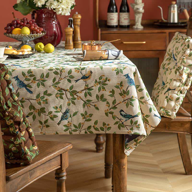 Floral and Bird Tablecloth - Durable Polyester for Indoor and Outdoor Use, Machine Washable