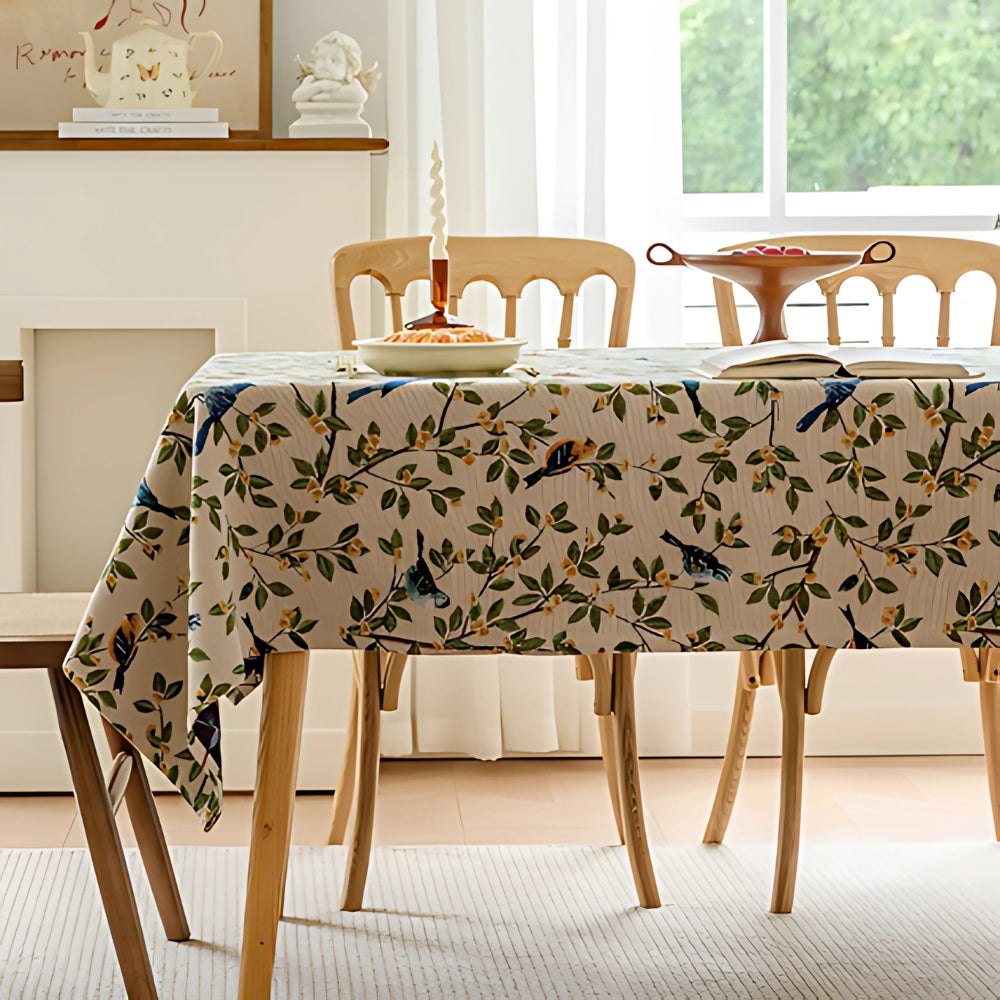 Floral and Bird Tablecloth - Durable Polyester for Indoor and Outdoor Use, Machine Washable