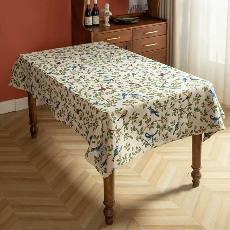 Floral and Bird Tablecloth - Durable Polyester for Indoor and Outdoor Use, Machine Washable