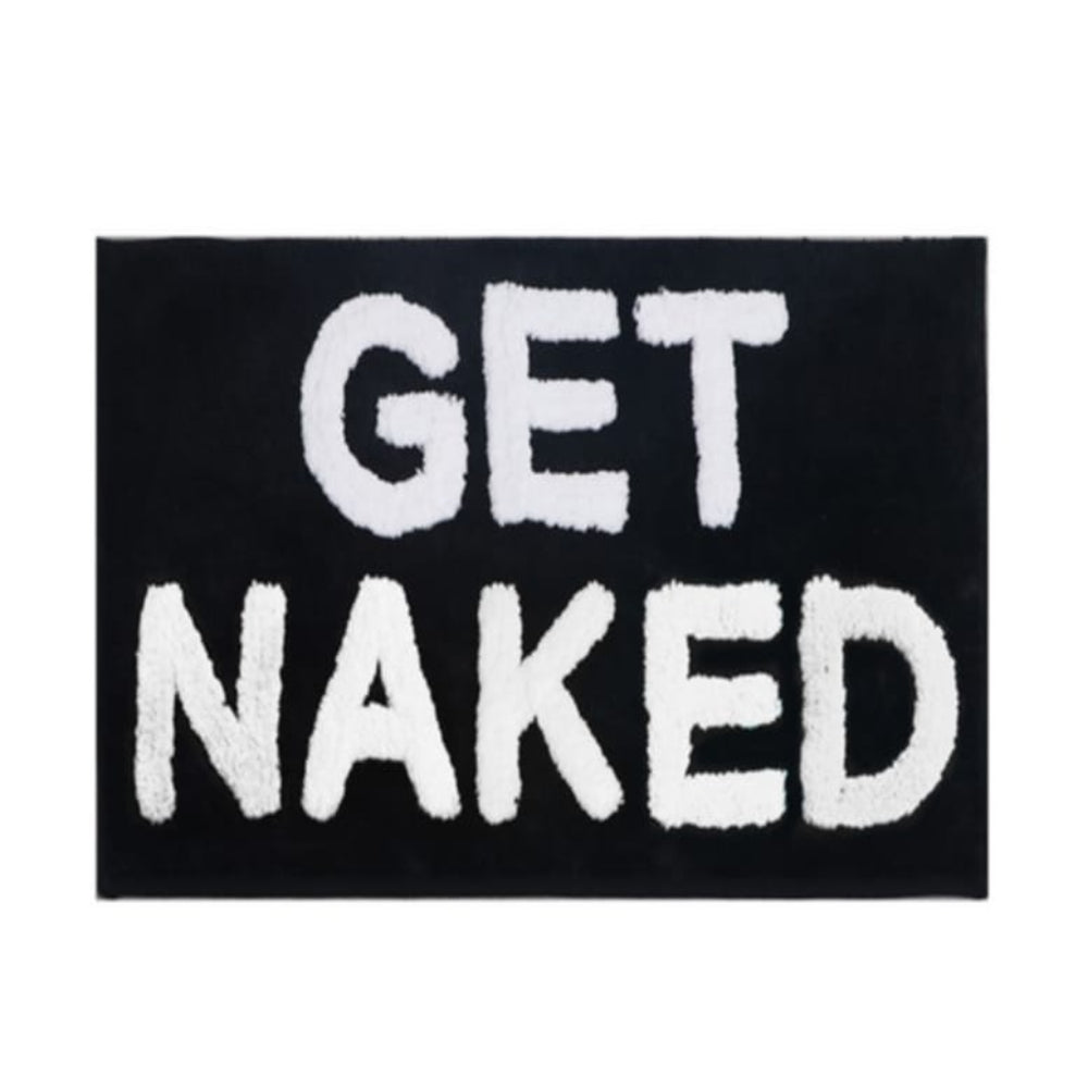 Pink bath mat with bold red ‘Get Naked’ lettering, soft absorbent funny bathroom rug for modern decor