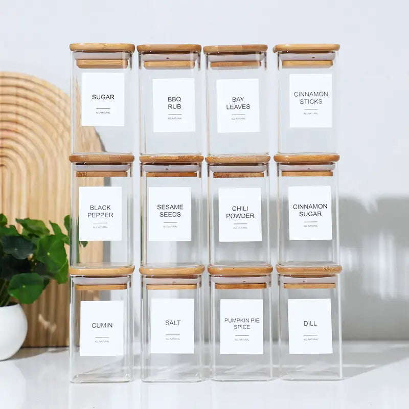 Glass spice jars – 12-piece set – Airtight bamboo lids – Minimalist design for kitchen organization