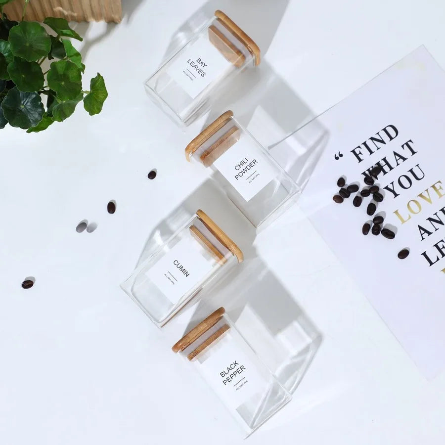 Glass spice jars – 12-piece set – Airtight bamboo lids – Minimalist design for kitchen organization