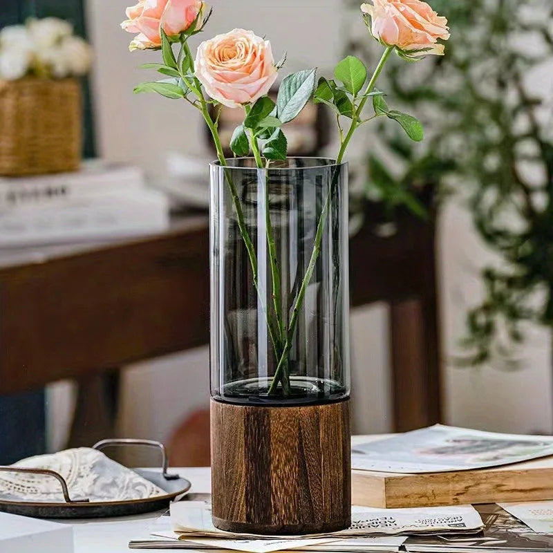Glass vase – Elegant design with wooden base – Nordic style – Perfect for living room and tabletop decor