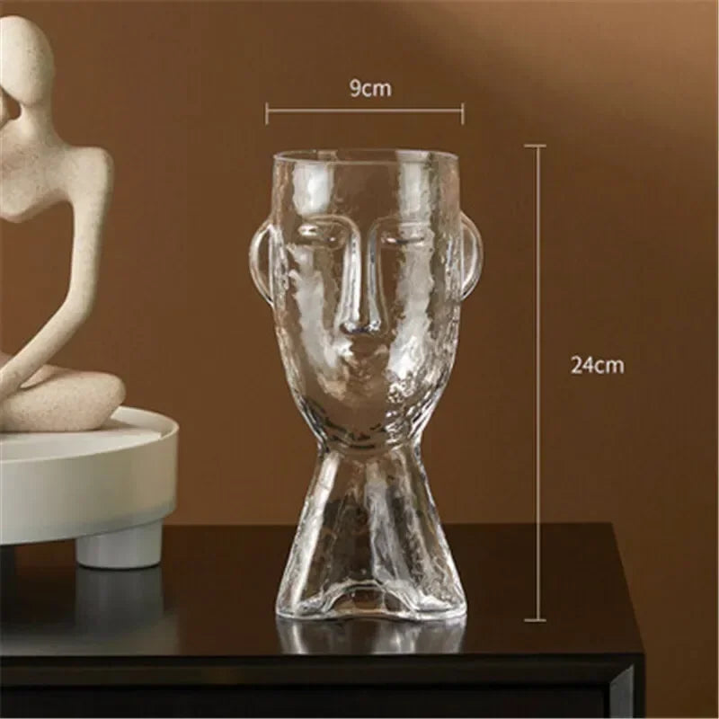 Glass vase – Face art design – Clear decorative piece for flower arrangements