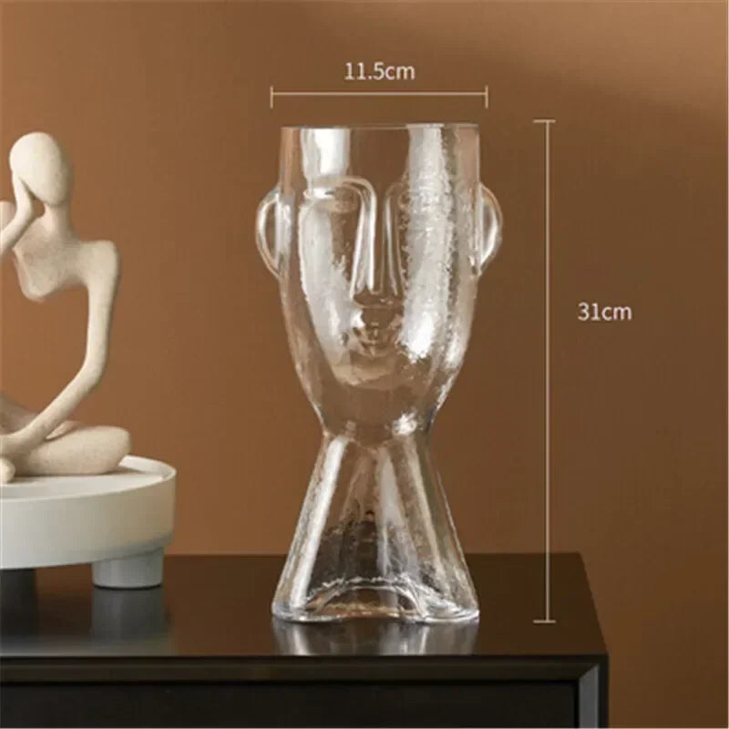 Glass vase – Face art design – Clear decorative piece for flower arrangements