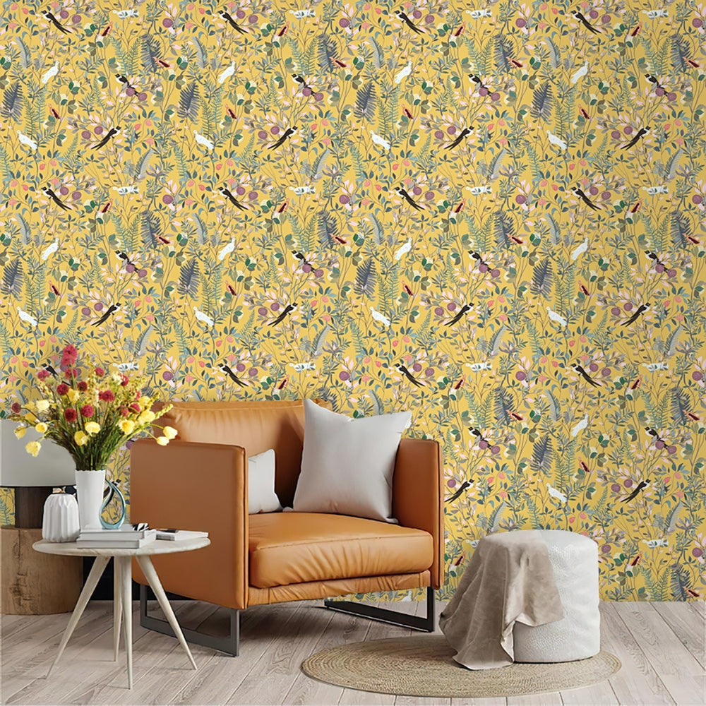 Golden Canopy Bird and Leaf Peelable Wallpaper