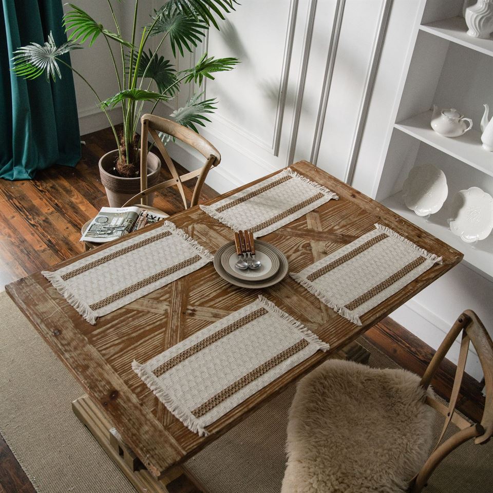 Hemp tablecloth – Handcrafted boho fringe – Natural earthy texture – Perfect for dining occasions