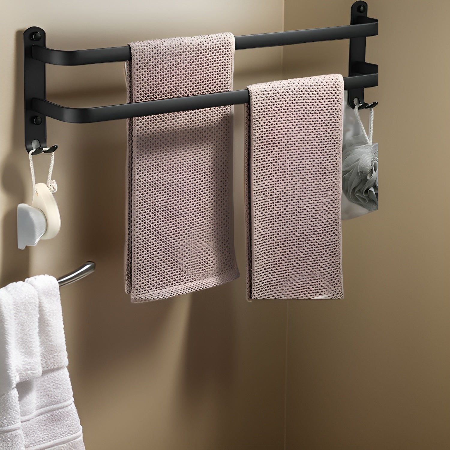 Wall-mounted black metal towel rack with multi-bar design, space-saving bathroom organizer for towels and linens