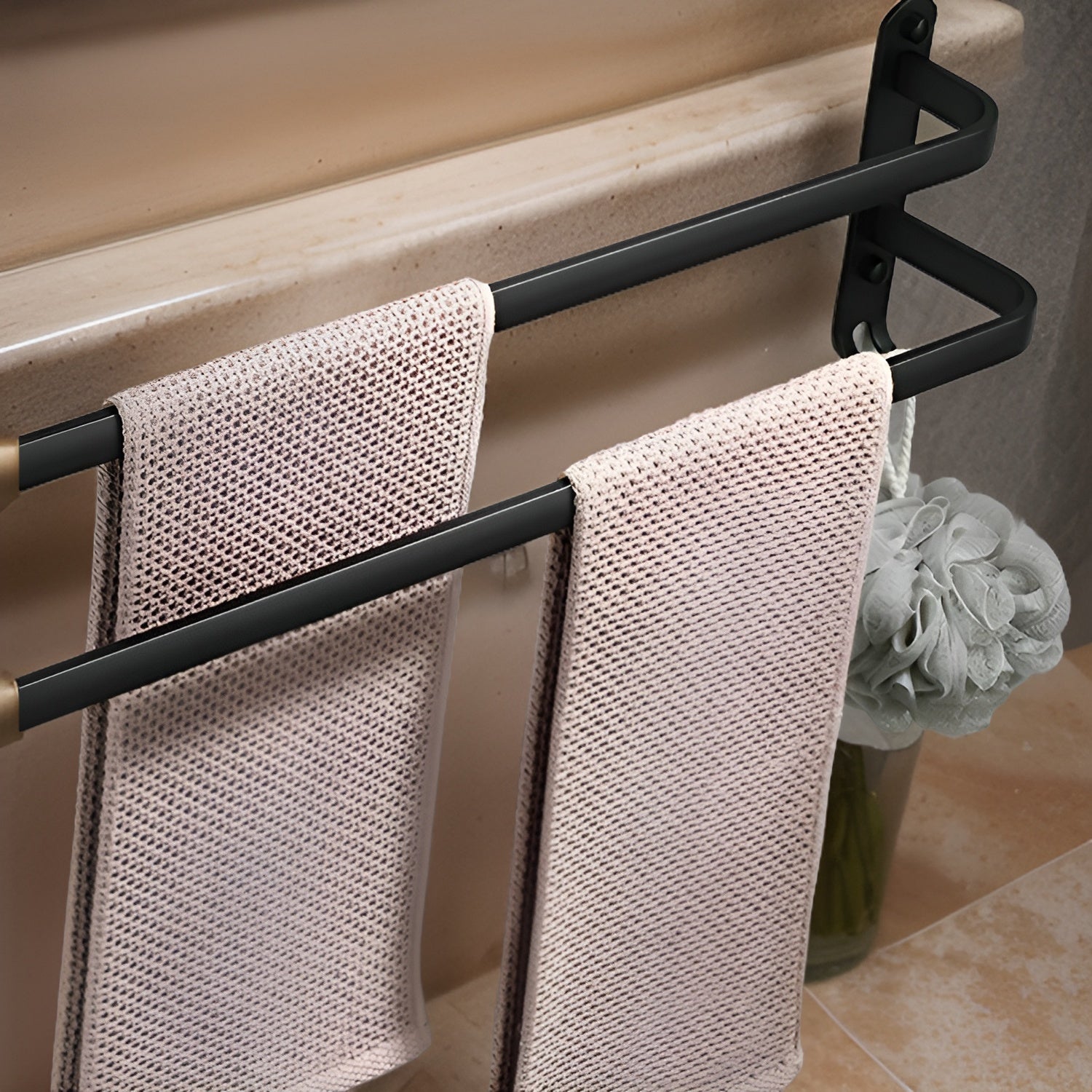 Wall-mounted black metal towel rack with multi-bar design, space-saving bathroom organizer for towels and linens