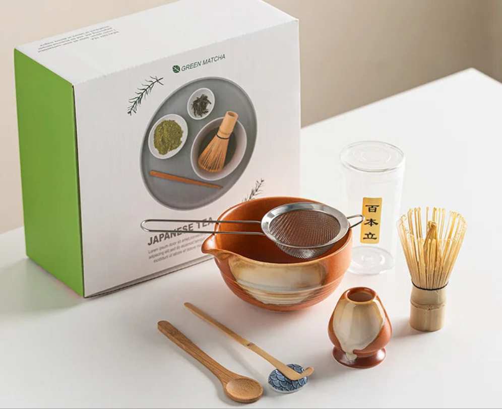 Vintage 7-Piece Matcha Set with Ceramic Bowl, Chasen Whisk, and Bamboo Scoop for Traditional Tea Ceremony