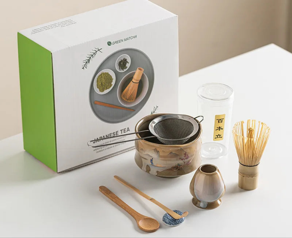 Vintage 7-Piece Matcha Set with Ceramic Bowl, Chasen Whisk, and Bamboo Scoop for Traditional Tea Ceremony