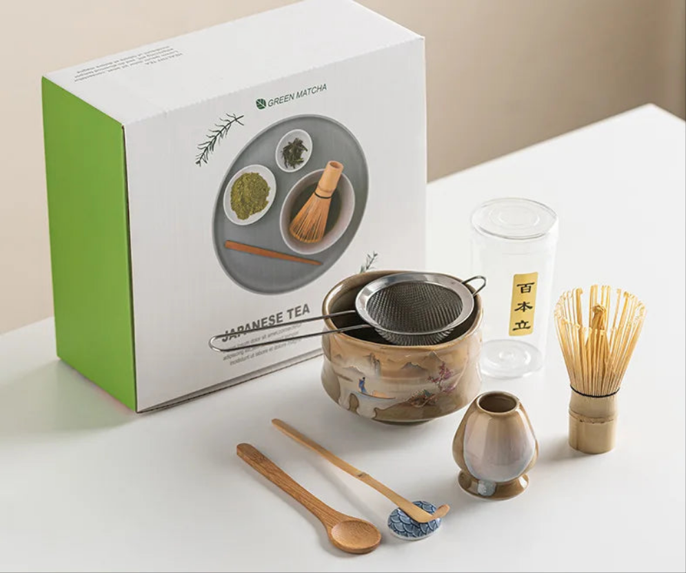 Vintage 7-Piece Matcha Set with Ceramic Bowl, Chasen Whisk, and Bamboo Scoop for Traditional Tea Ceremony