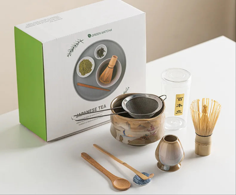 Vintage 7-Piece Matcha Set with Ceramic Bowl, Chasen Whisk, and Bamboo Scoop for Traditional Tea Ceremony