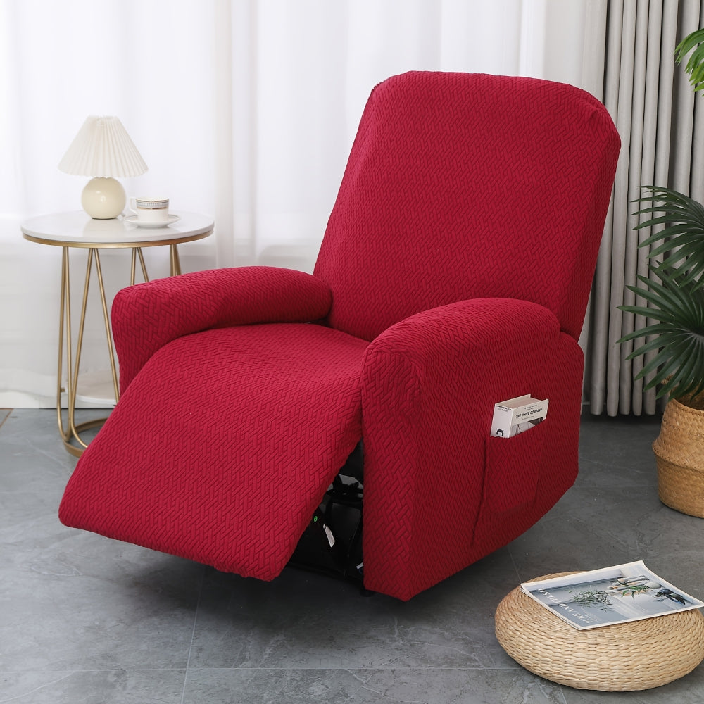 Beige recliner chair with textured fabric cover and side pocket, modern living room armchair for reading and relaxation