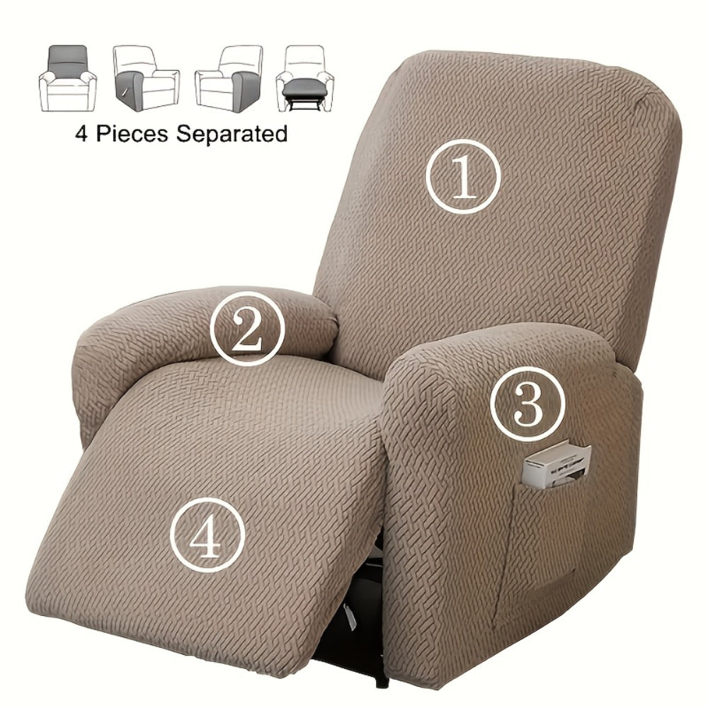 Beige recliner chair with textured fabric cover and side pocket, modern living room armchair for reading and relaxation