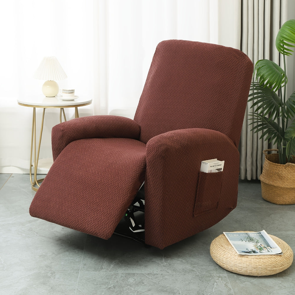 Beige recliner chair with textured fabric cover and side pocket, modern living room armchair for reading and relaxation