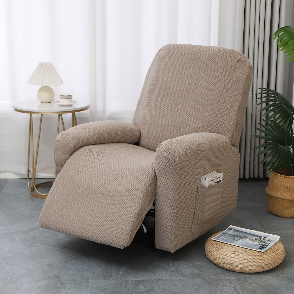 Beige recliner chair with textured fabric cover and side pocket, modern living room armchair for reading and relaxation