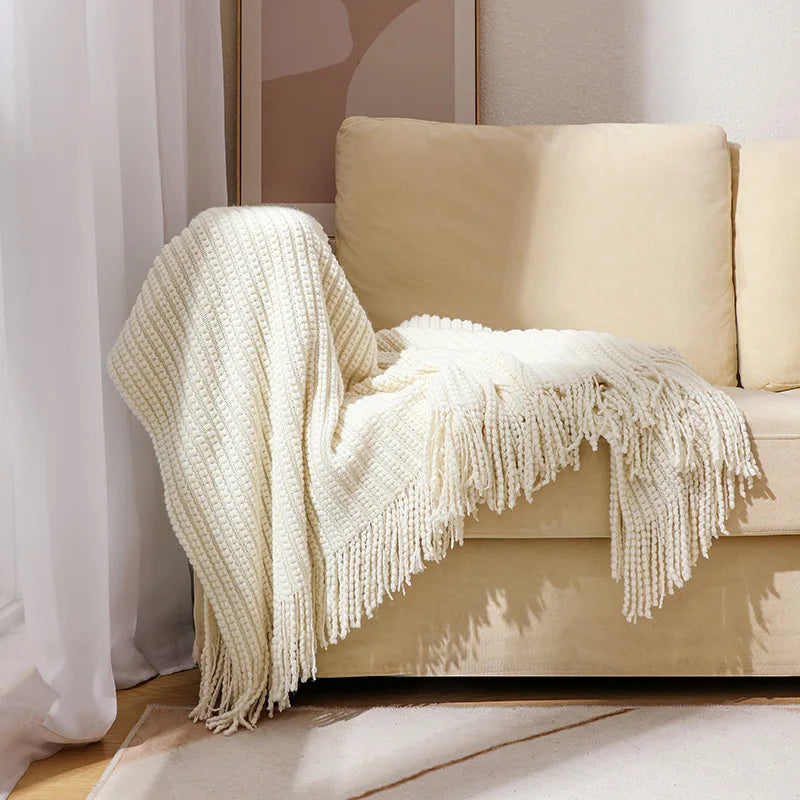 Knitted blanket – Soft acrylic – Solid color with fringe – Bohemian home decor accessory