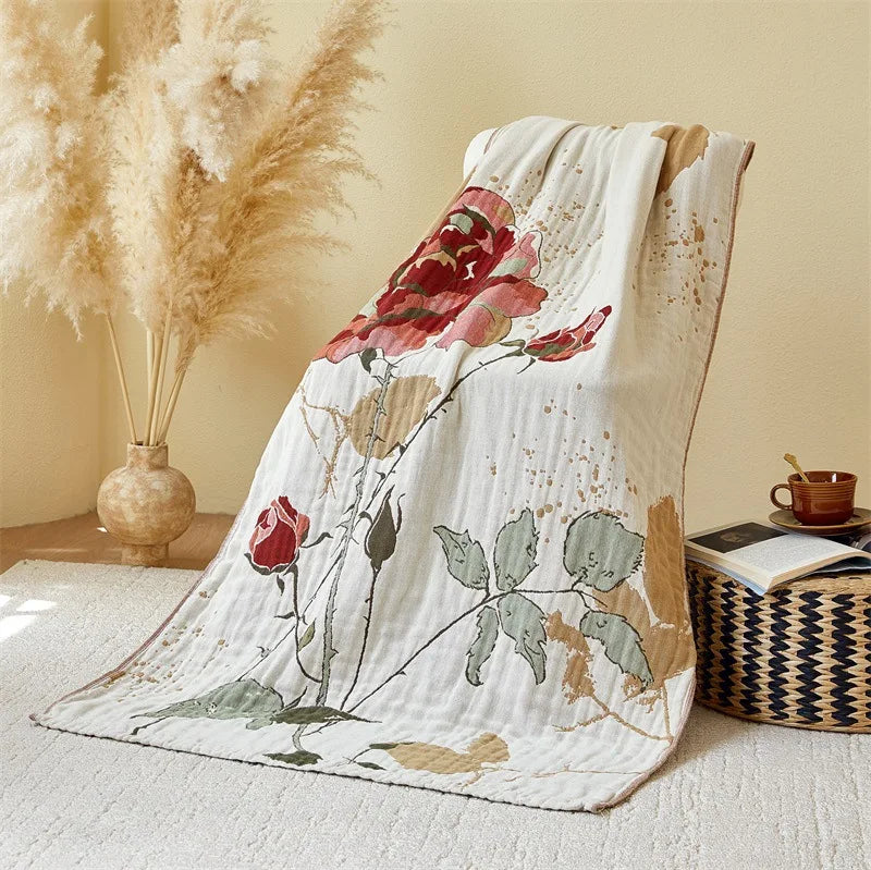 Large Cotton Muslin Bath Towel - Soft, Absorbent, Floral Design, 31.5x63 Inches - Best Bath Towels for Home and Beach