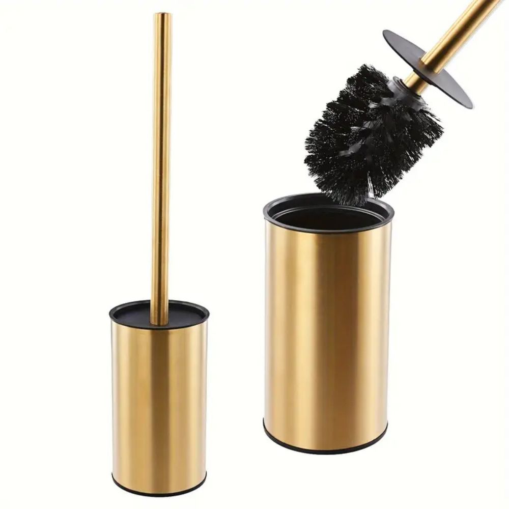 Gold toilet brush with black bristles and matching holder, modern stainless steel bathroom cleaning set