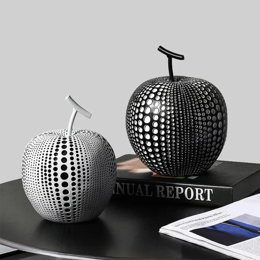 Modern black and white apple sculpture decor with polka dot design, contemporary resin ornaments for living room or office display