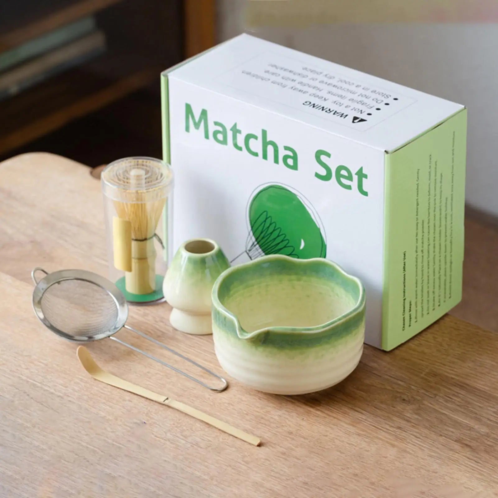 Matcha Whisk Set – Ceramic Bowl with Spout – 5-Piece Japanese Tea Ceremony Kit