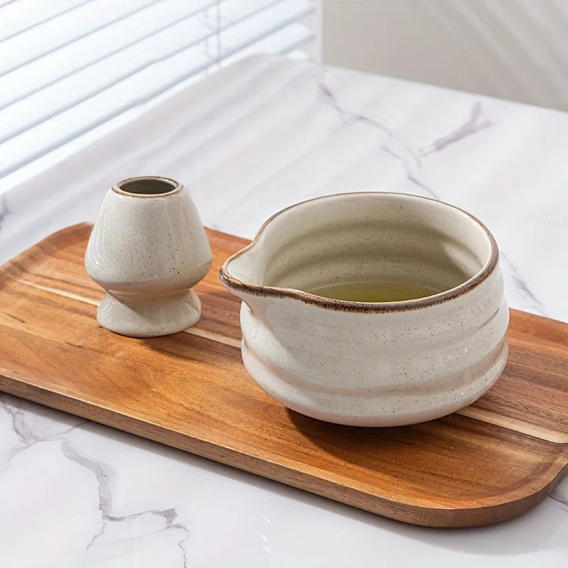 Matcha set – Kiln-transformed grey ceramic – Includes bowl with spout and blender stand – Perfect gift for tea lovers