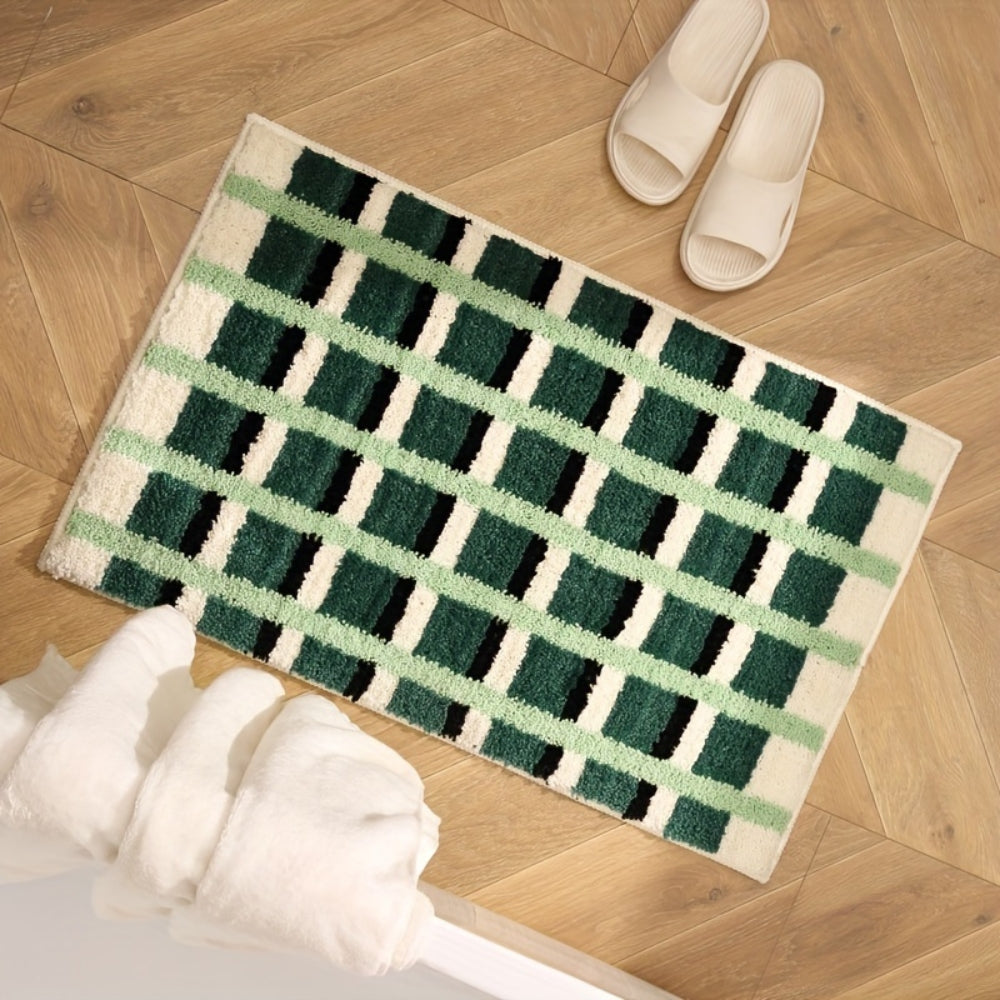 Anti-slip bathroom rug with green and white plaid checkered design, soft absorbent bath mat for modern bathroom decor