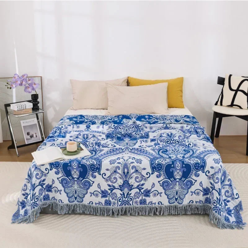 Multilayer Gauze Cotton Cooling Blanket with Tassels, Lightweight Summer Throw for Sofa and Outdoor Use