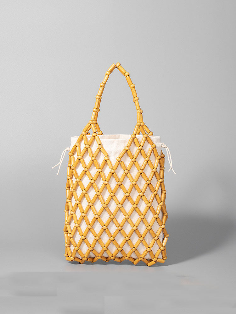 Hollow-Out Wooden Bead Woven Tote Bag