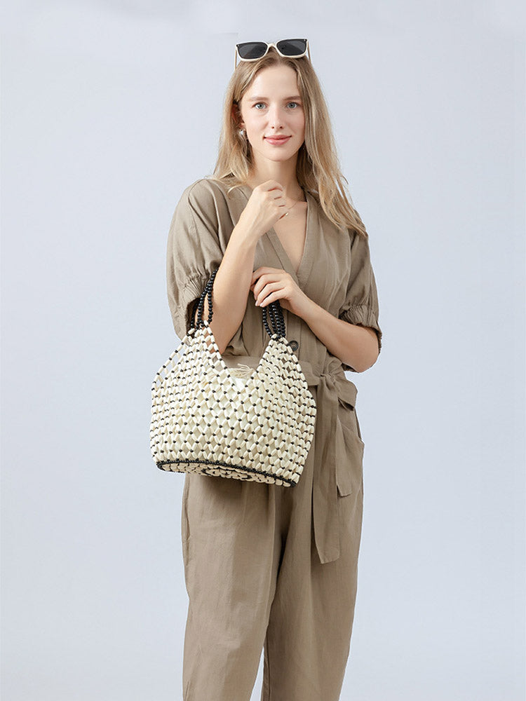 Handcrafted Wooden Bead Woven Tote Bag