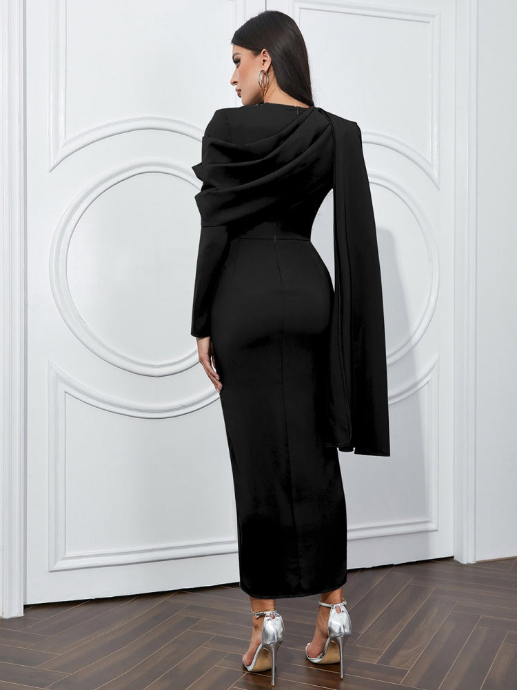 Asymmetric Long Sleeve Belted Dress