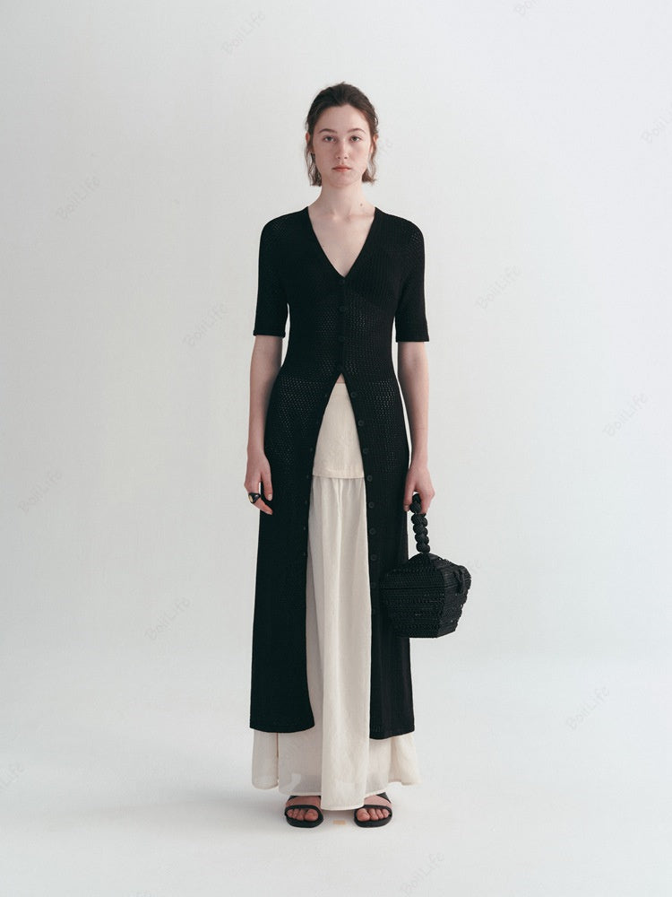 Long Knit Hollow-Out Short-Sleeve Cardigan