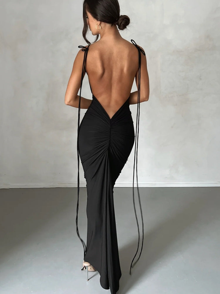 Backless Ruched Evening Dress - Black