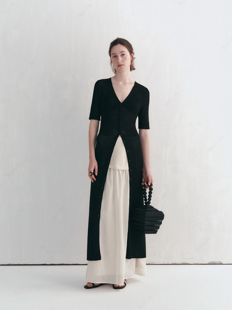 Long Knit Hollow-Out Short-Sleeve Cardigan