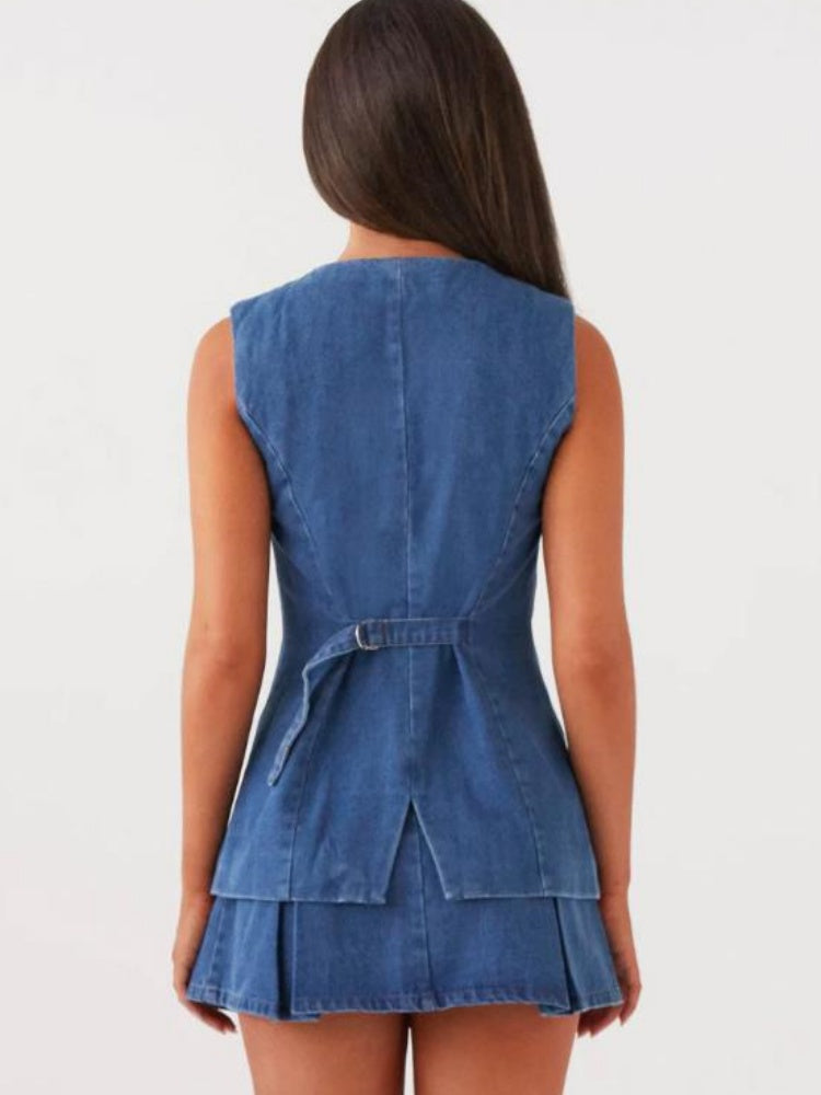 Casual Sleeveless High Waist Denim Set