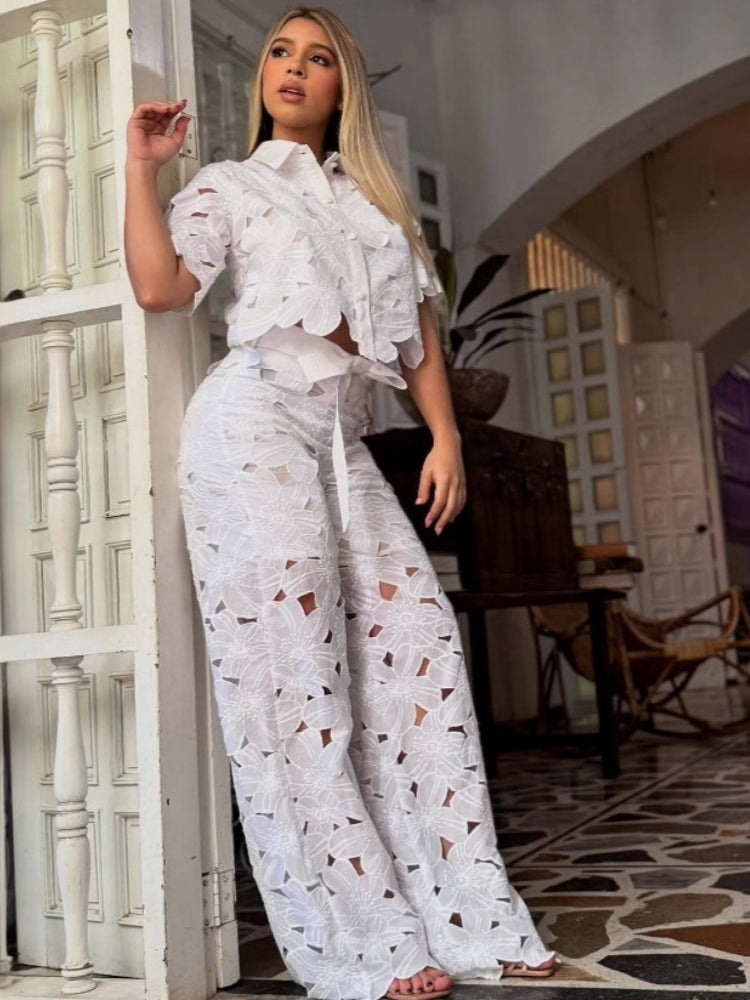 Cut-Out Cardigan Top Wide-Leg Pants Set