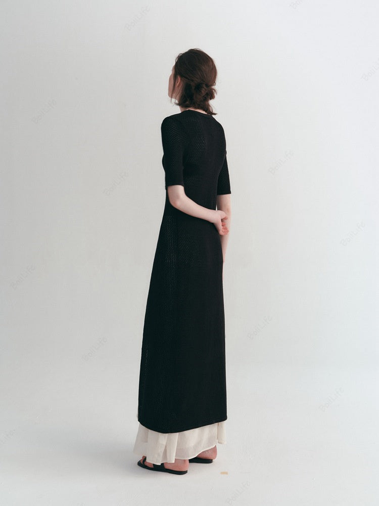 Long Knit Hollow-Out Short-Sleeve Cardigan