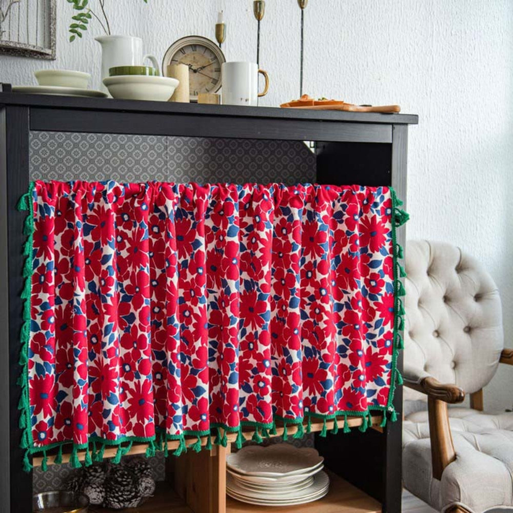 Graceful Red Floral Linen Cabinet Window Curtain
