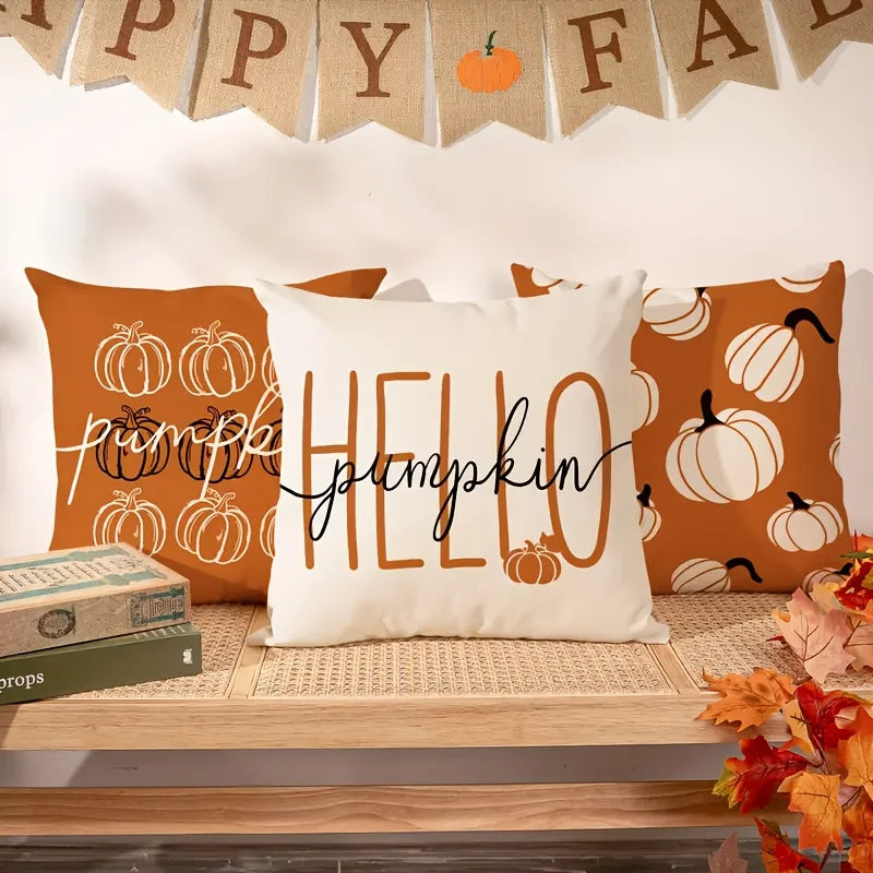 Pillow cover – Linen fabric – Hello Pumpkin design – Cozy autumn decor – 17.7 x 17.7 in