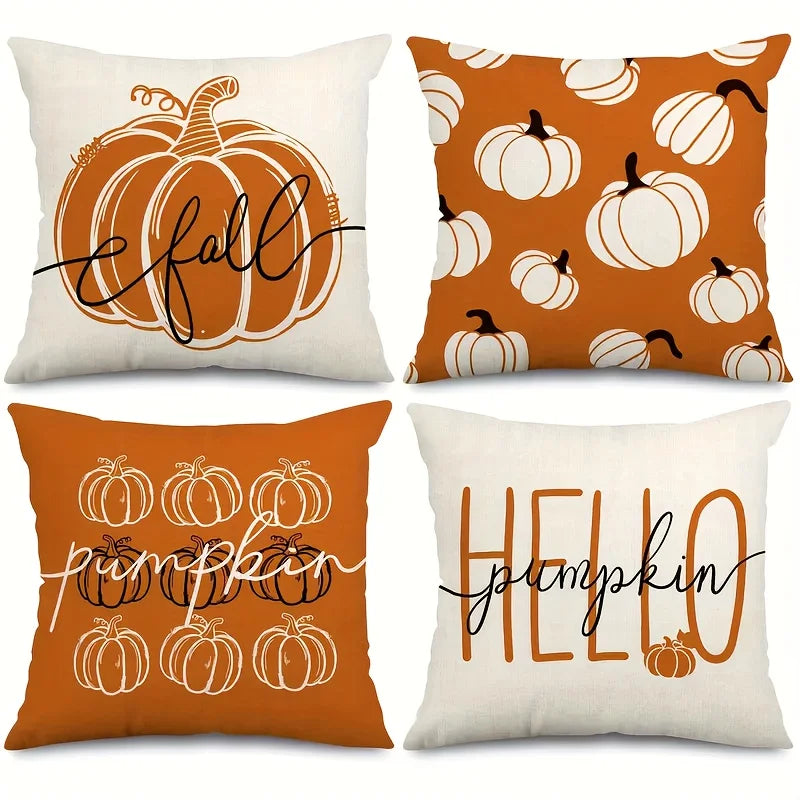 Pillow cover – Linen fabric – Hello Pumpkin design – Cozy autumn decor – 17.7 x 17.7 in