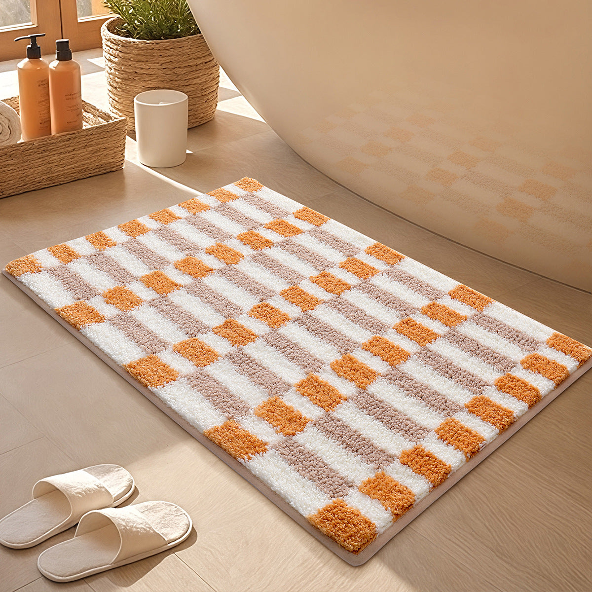 Plaid Non Slip Flocked Bathroom Floor Mat