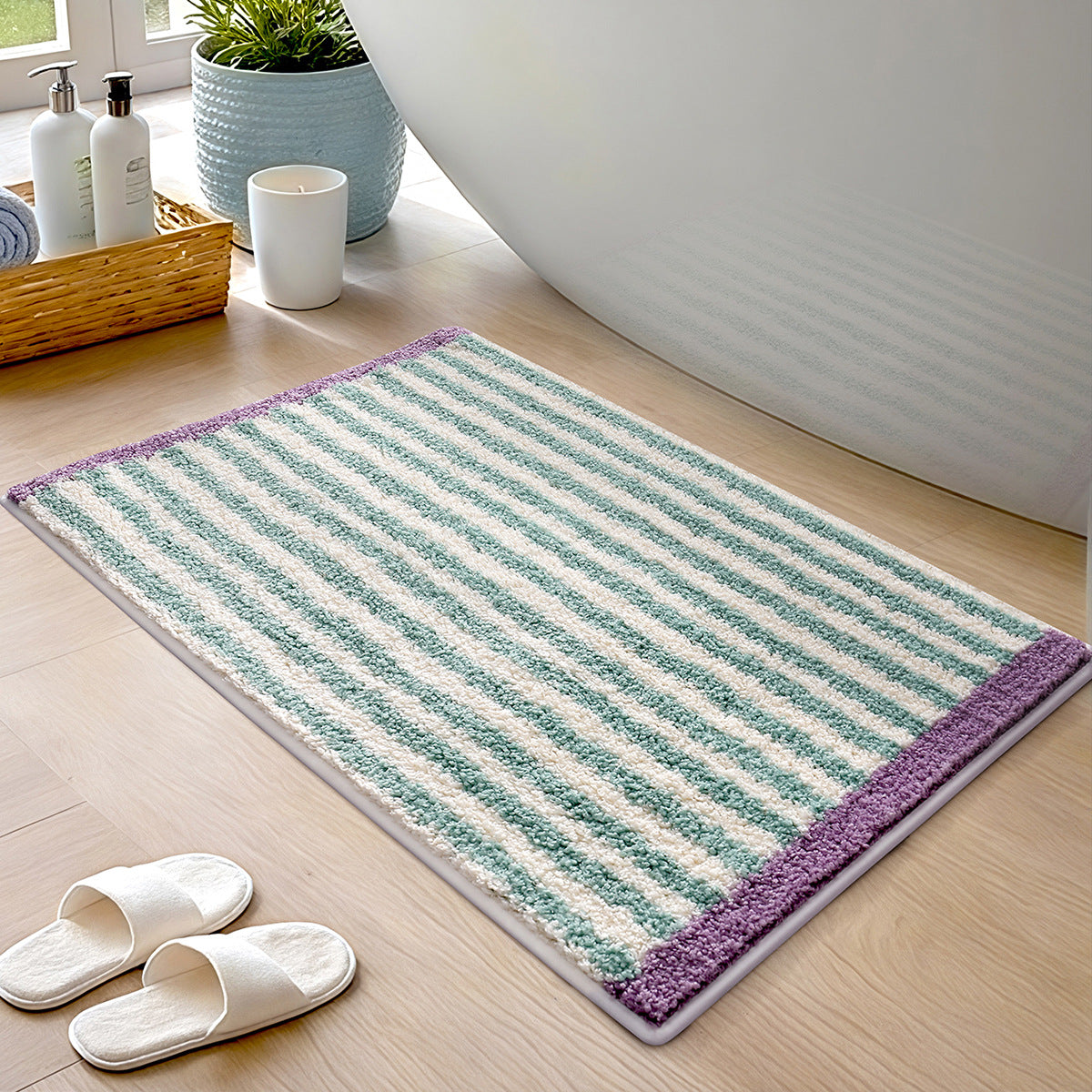 Plaid Non Slip Flocked Bathroom Floor Mat