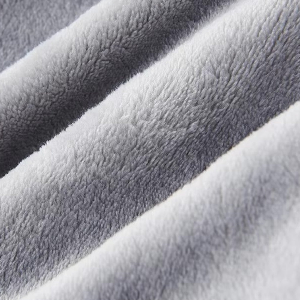 Women’s long grey fleece bathrobe with white collar and cuffs, soft plush loungewear robe with belt, winter warm dressing gown