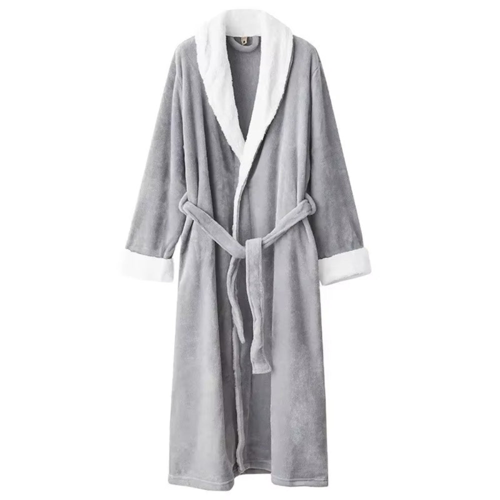 Women’s long grey fleece bathrobe with white collar and cuffs, soft plush loungewear robe with belt, winter warm dressing gown