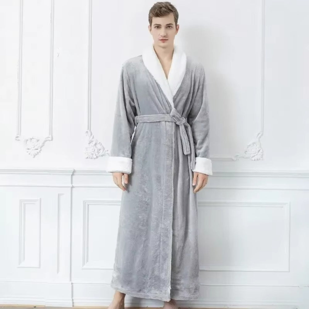 Women’s long grey fleece bathrobe with white collar and cuffs, soft plush loungewear robe with belt, winter warm dressing gown