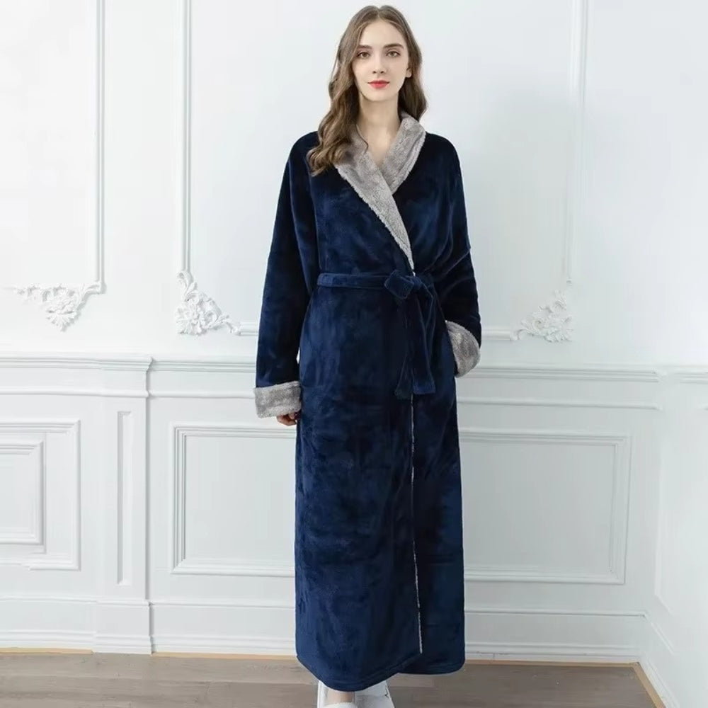Women’s long grey fleece bathrobe with white collar and cuffs, soft plush loungewear robe with belt, winter warm dressing gown