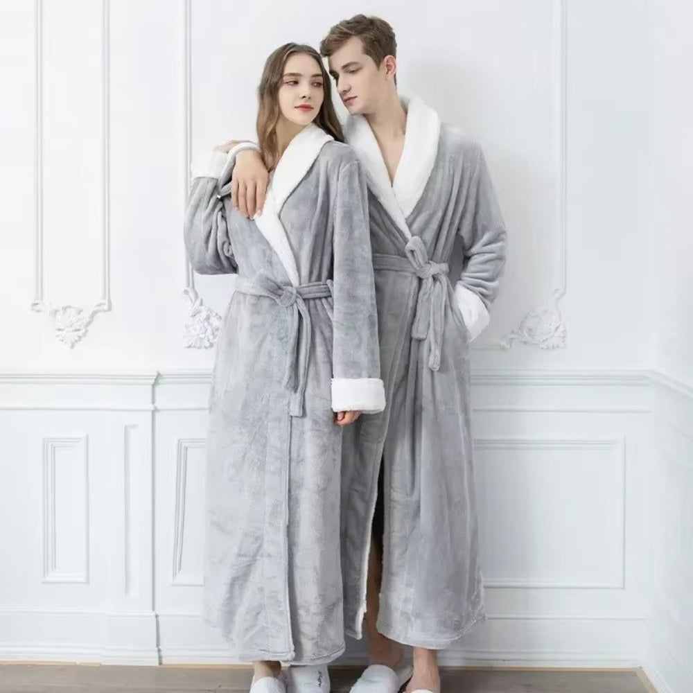 Women’s long grey fleece bathrobe with white collar and cuffs, soft plush loungewear robe with belt, winter warm dressing gown