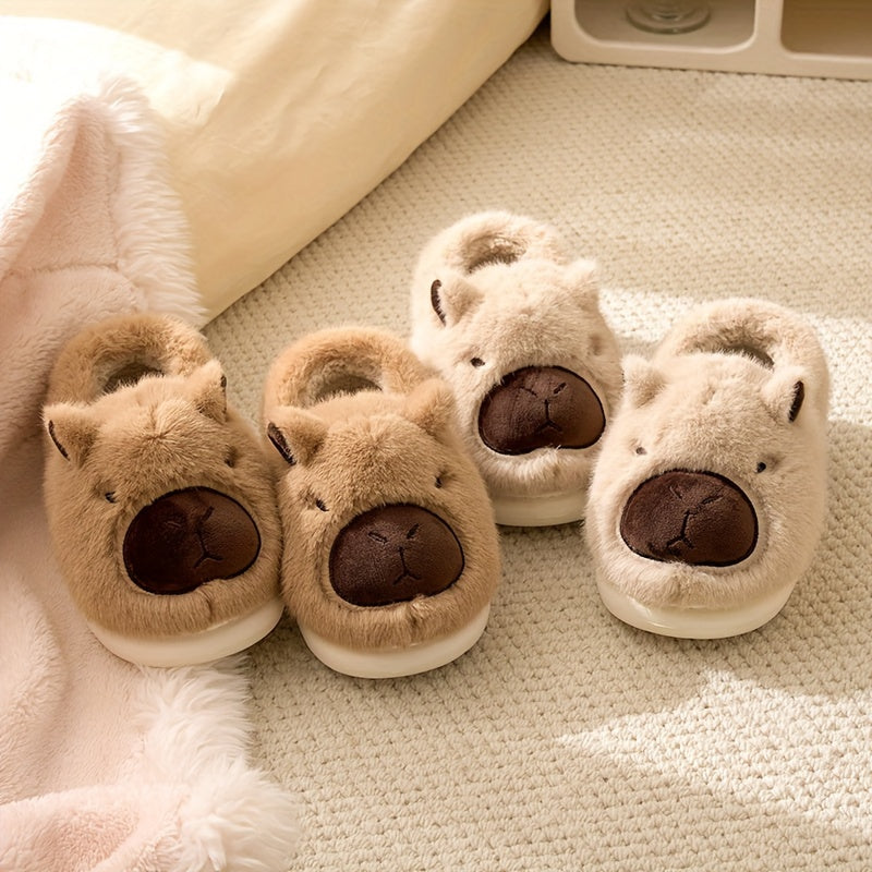 Plush slippers – Soft-lined capybara design – Thick-soled – Cozy indoor footwear for chilly mornings